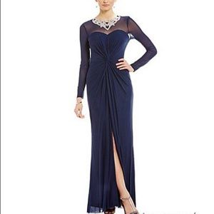 Long sleeve embellished neck gown